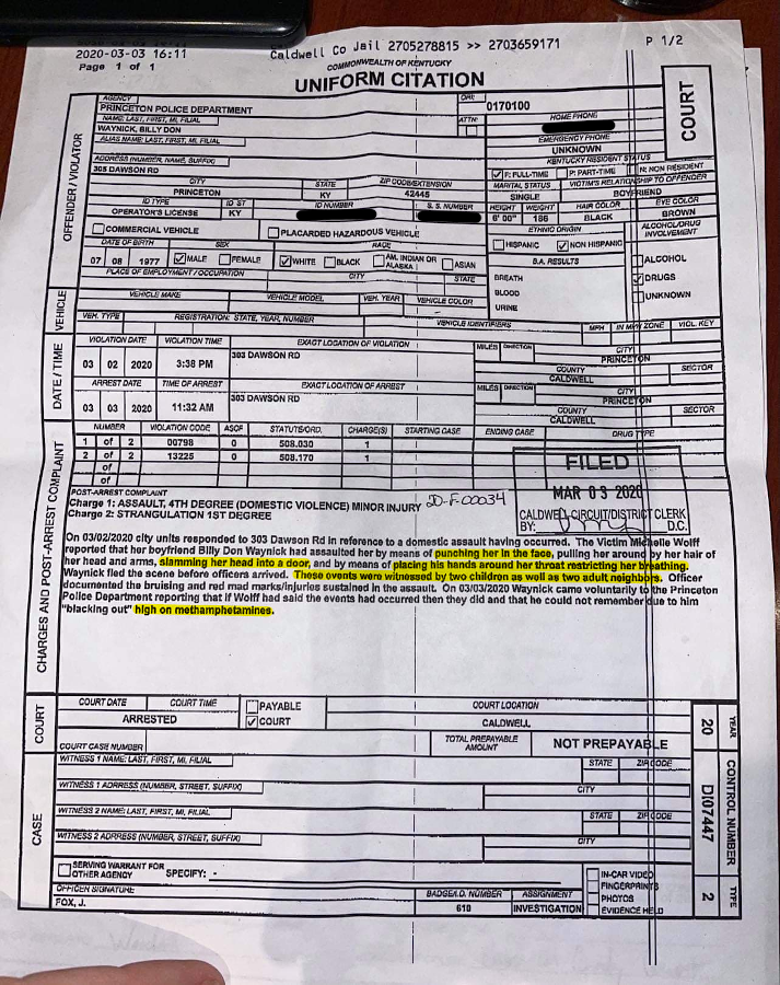 Billy Don Waynick citation highlighted and redacted reduced size Billy Don Waynick citation highlighted and redacted reduced size